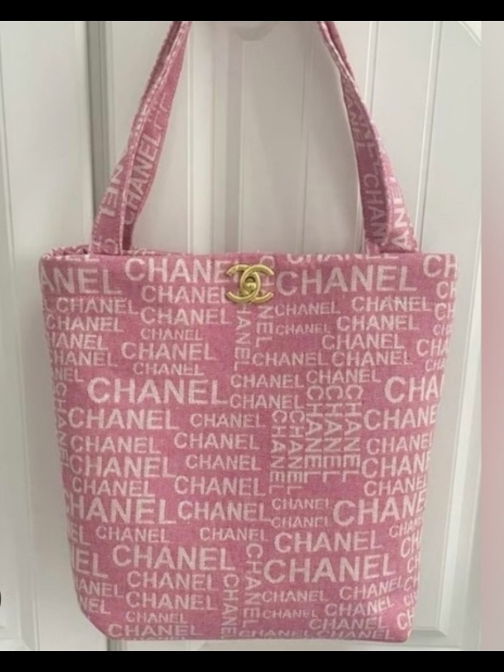 VIP Precision Beauté Novelty Pink Denim Script Tote Bag